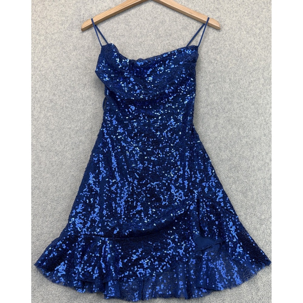 Y2K Womens Sequin Mini Dress Royal Blue Ruffle Hem Cowl Neck Cocktail Party S